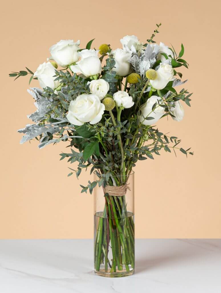 Sparkling White Single Roses Arrangement in Vase