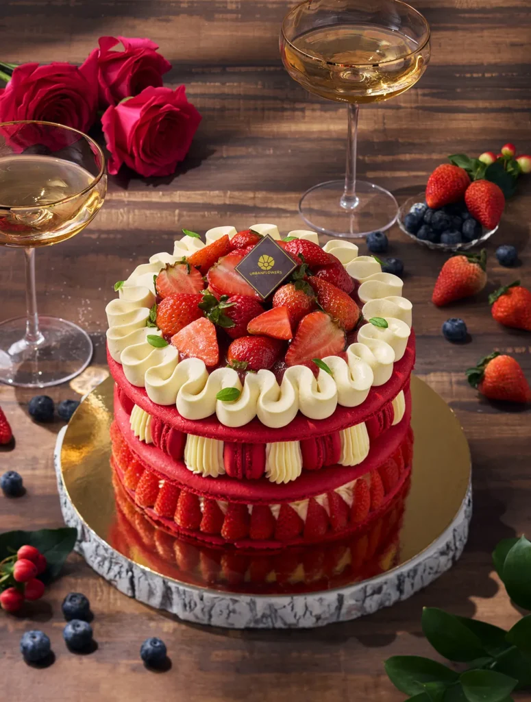 Strawberry Macaron Cake (3 lb) - Flower arrangement