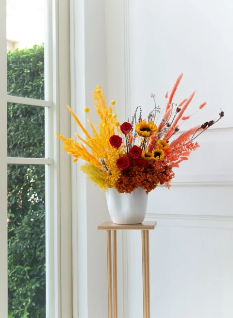Funfetti dried flower in vase with wild sugarcane, rabbit’s tail, and gypsy flowers