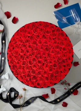 99 preserved red roses in a black box