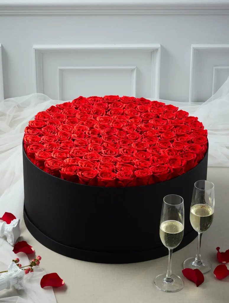 99 preserved red roses in a black flower box black color