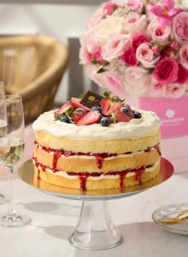 Three-tiered strawberry cake