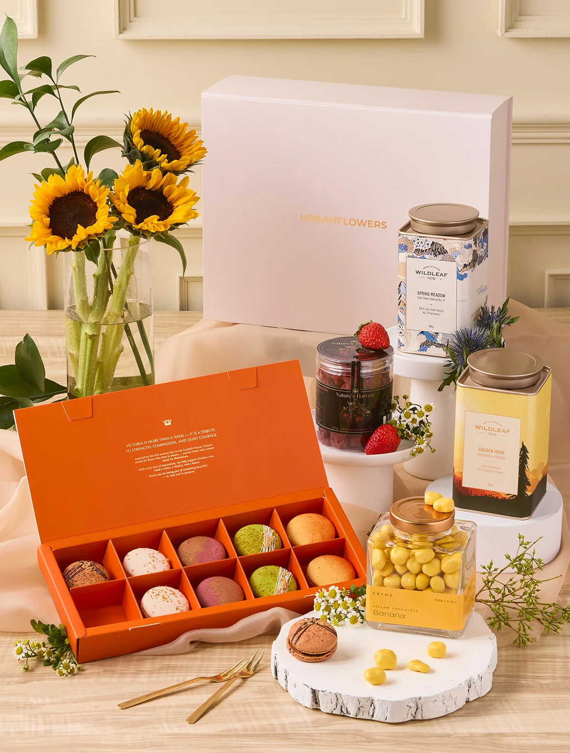 Afternoon Tea Hamper with oolong tea, French macarons, and Belgian chocolates by UrbanFlowers.