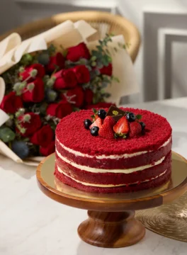 Red velvet cake and red rose bouquet