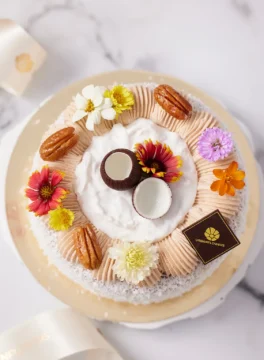 One pound coconut pecan cake on top