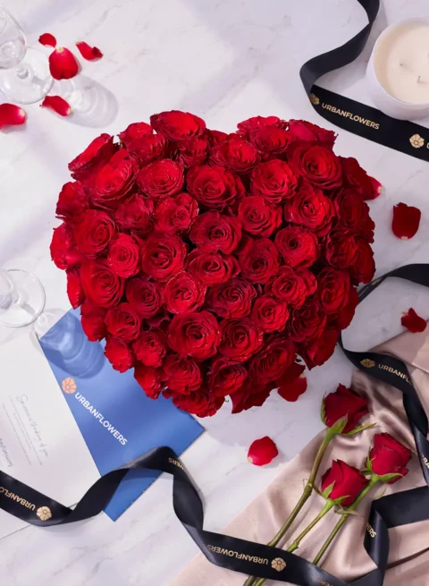 Heart Flower Box With 50 Red Roses
