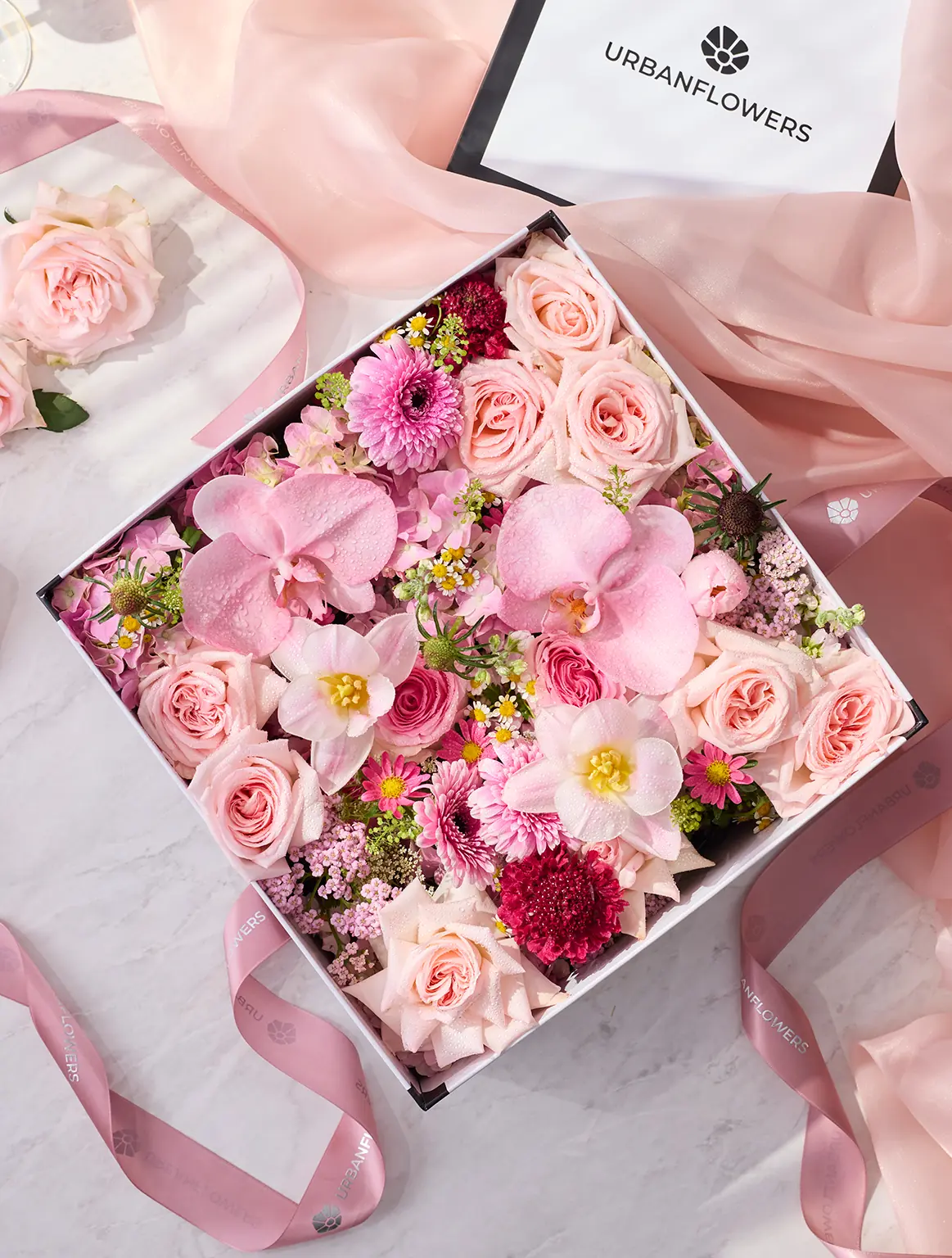 Unforgettable mono flower box with deep pink roses, phalaenopsis orchids, pink gerberas in a square white box