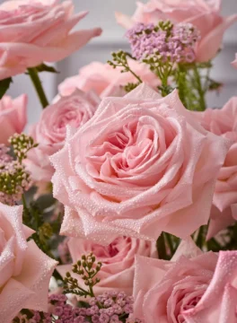Flowers in a champagne bucket, pink roses in a silver vase