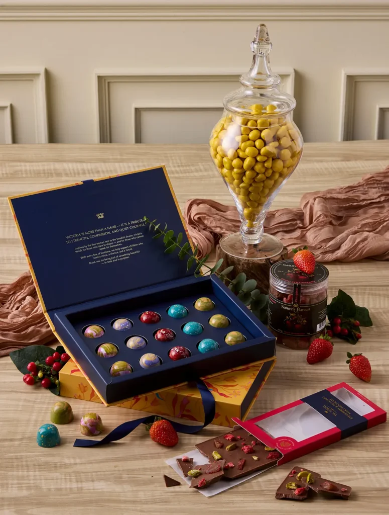 Chocolate Carnival Hamper with Belgian pralines, chocolate bar, dried strawberries, and apothecary jar filled with chocolate-coated bananas by UrbanFlowers