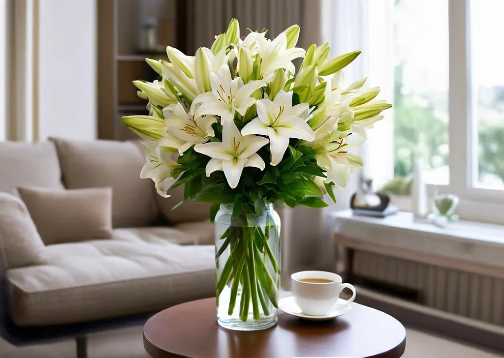 ดอกลิลลี่สีขาวหอมในแจกัน เปี่ยมไปด้วยความงามและความสงบ