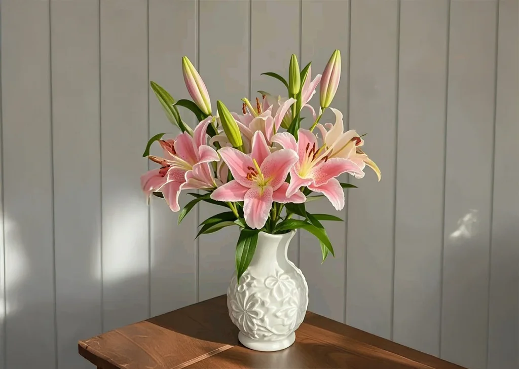 ดอกลิลลี่สีชมพูจัดอย่างสวยงามในแจกัน