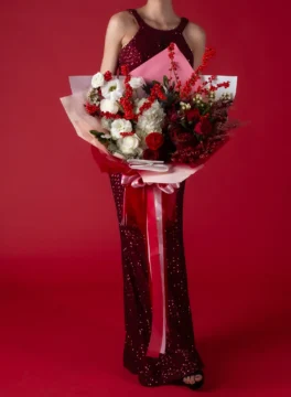 Christmas bouquet, red ranunculus flowers, and white hydrangeas