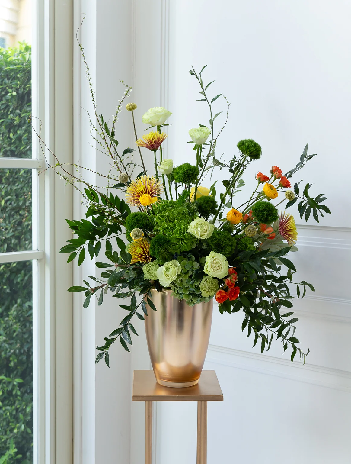 Flower vase, green hydrangea flowers