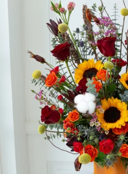 Orange flower vase, beautiful sunflowers