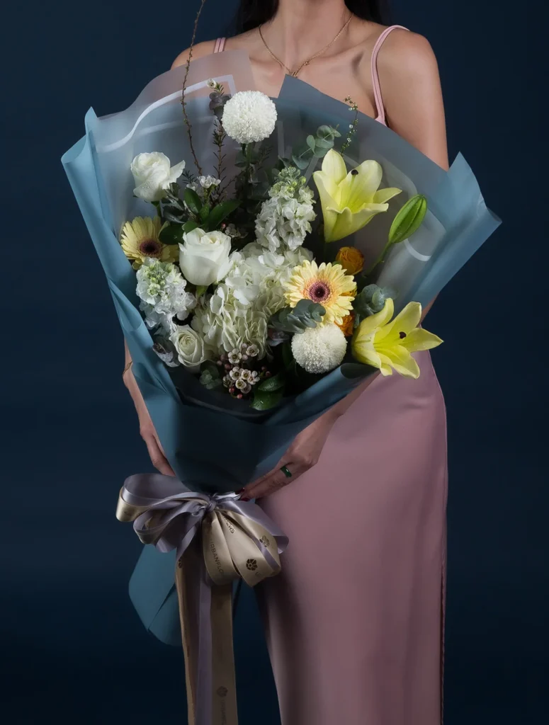 Bouquet of yellow lilies and white hydrangeas