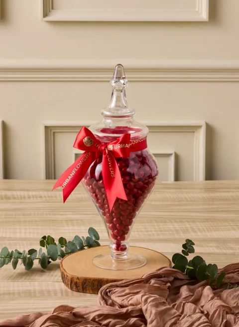 Chocolate-Covered Strawberries in 33 cm glass apothecary jar — 600–800 g of handcrafted Belgian chocolate, tied with red ribbon, made in Bangkok