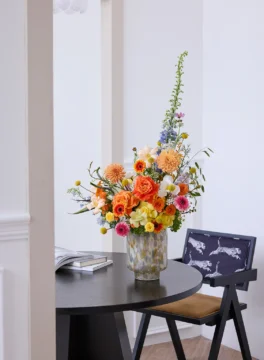 Flower vase, delphinium flowers