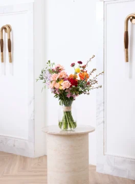 Vase of fresh flowers, roses, gerberas