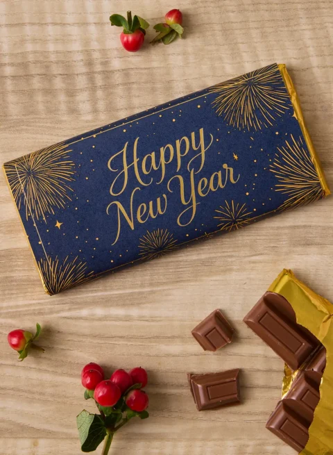 Happy New Year Belgian Chocolate Bar — gold-foil wrapped milk chocolate with navy fireworks sleeve, handcrafted by UrbanFlowers chocolatiers