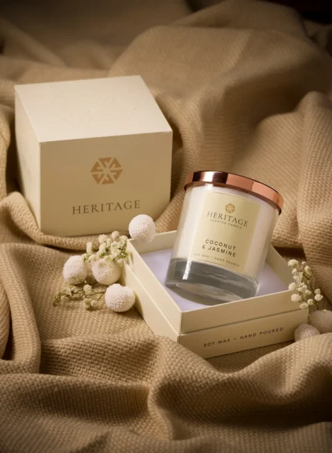 Heritage Coconut & Jasmine scented candle — premium hand-poured soy wax candle with coconut and jasmine fragrance in luxury gift box