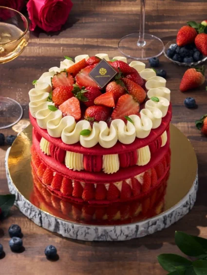 เค้กวันเกิดสตรอว์เบอร์รีและมาการอง เค้กมาการองสีแดงสุดหรู ตกแต่งด้วยสตรอว์เบอร์รีสดและครีมเนื้อนุ่ม
