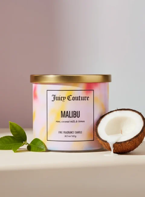 Juicy Couture Malibu candle — tropical scented candle with rose, coconut milk, and lemon fragrance in pastel jar with gold lid