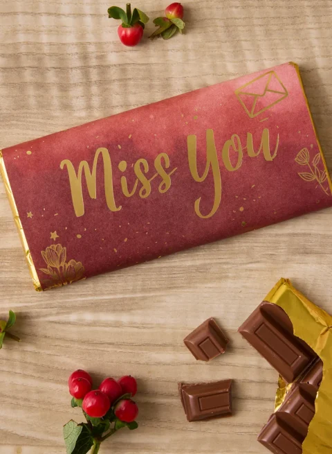 Miss You Belgian Chocolate Bar — handcrafted in Bangkok, wrapped in gold foil and red sleeve with golden lettering, perfect for 3-hour delivery gift