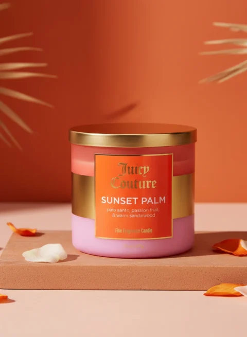 Juicy Couture Sunset Palm candle — pink and orange three-wick scented candle with palo santo, passion fruit, and warm sandalwood fragrance
