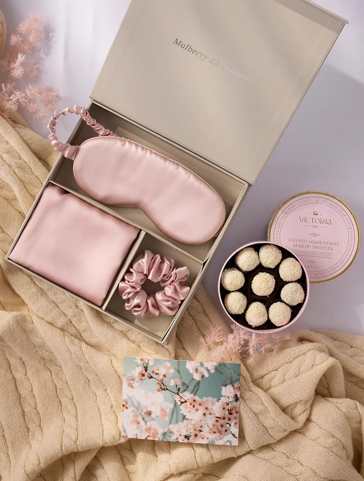 Silk & Treats Gift Set with rose-gold mulberry silk sleep set and coconut truffles