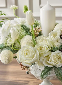 All white Christmas flower vase, white tulips