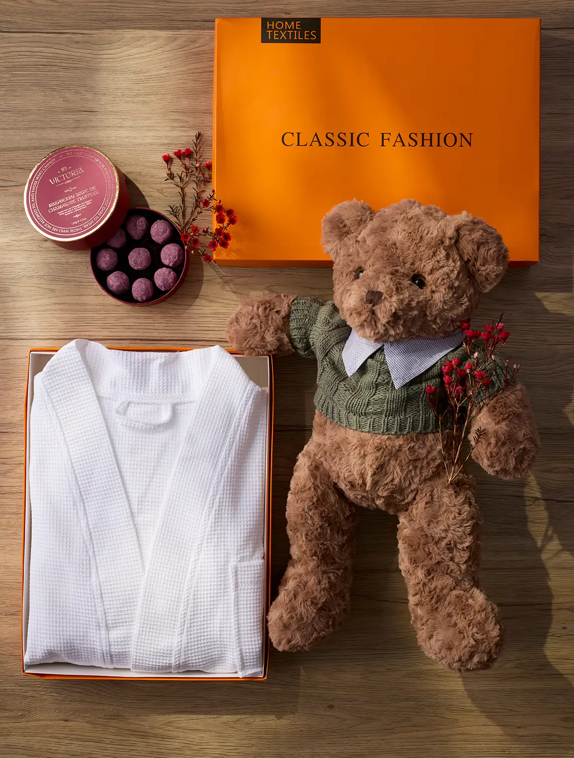 Hug in a Robe Box with cotton robe, teddy bear, and truffles