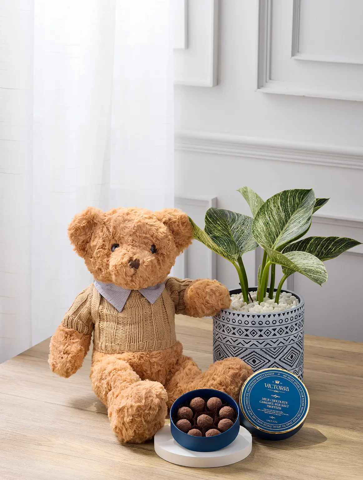 The Home Companion Box with plant, teddy bear, and truffles