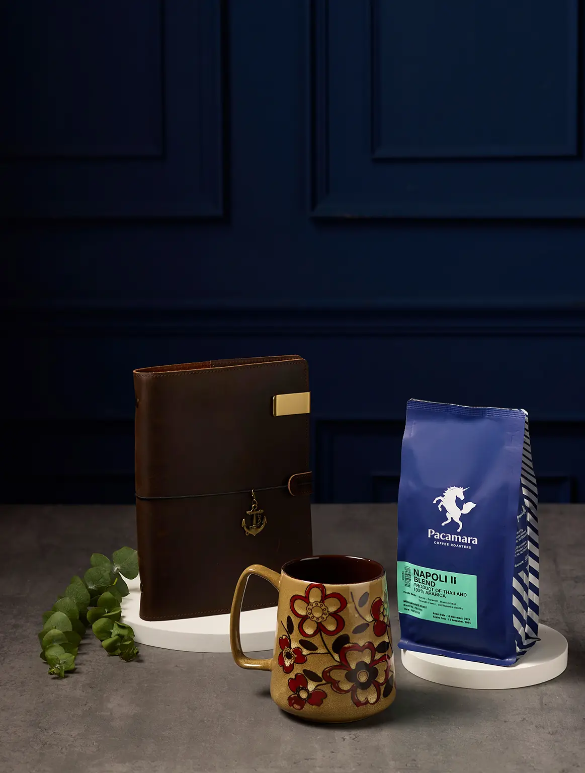 Caffeine & Thoughts Set with mug, leather notebook, and coffee