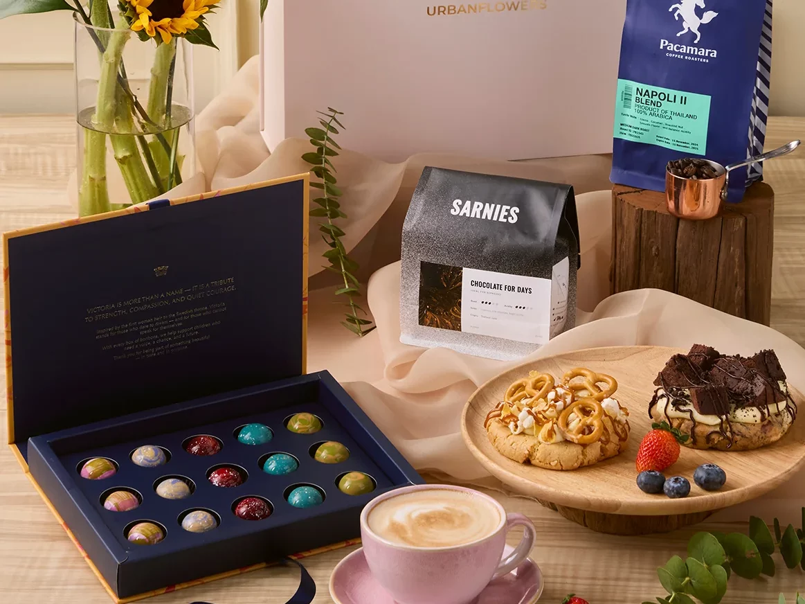 Coffee Duo Hamper with Pacamara and Sarnies coffee, cookies and Belgian bonbons by UrbanFlowers