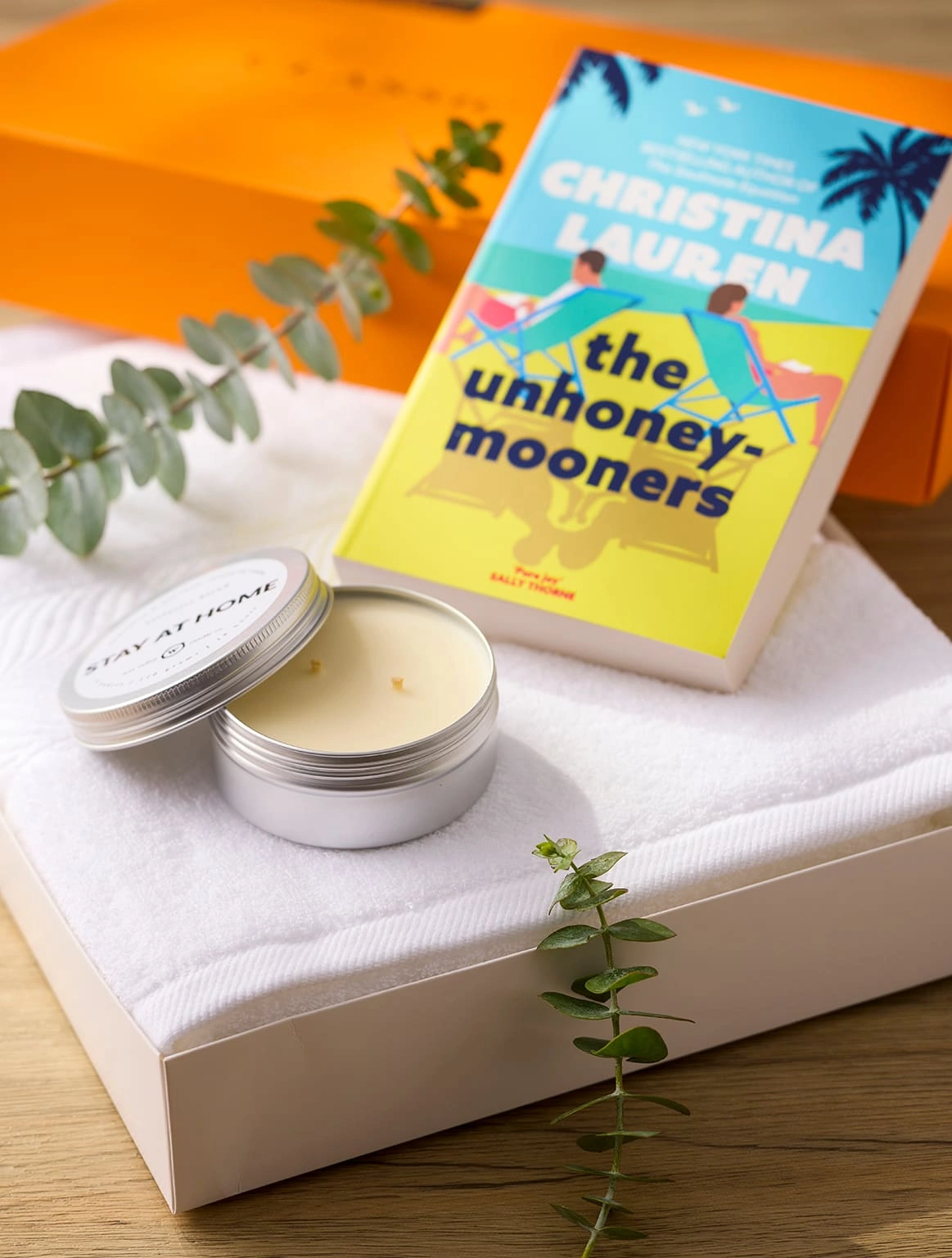 gift-set-stay-at-home-candle-book-eucalyptus-orange-box-white-towel-angle-shot