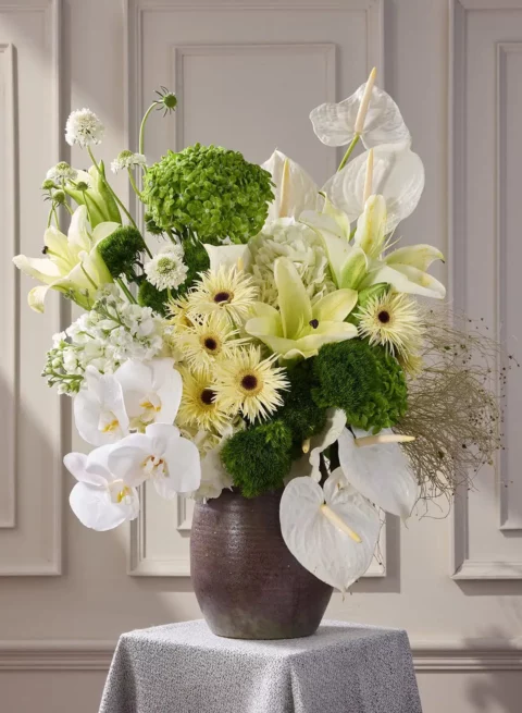 White Anthurium Orchid & Lily Bouquet Ceramic Vase