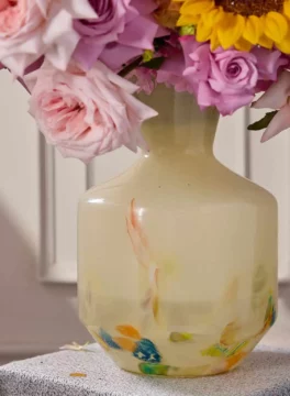 Art Glass Vase with Purple Rose & Pink Rose