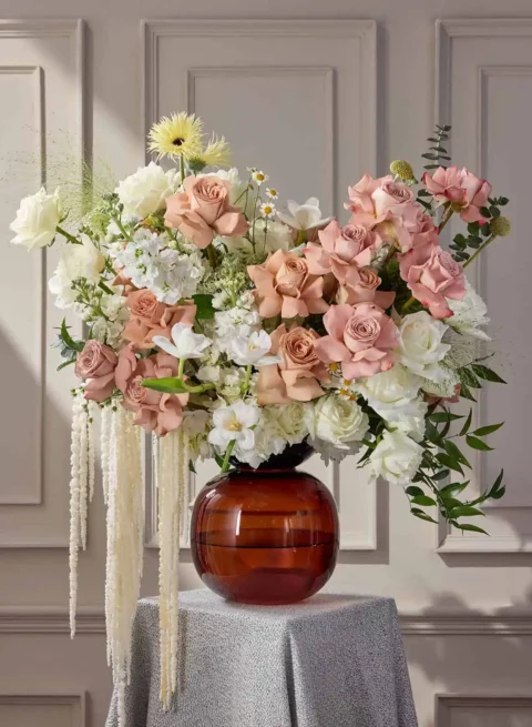 Pastel Peach & White Rose Bouquet Amber Vase