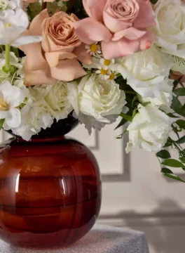 Amber Glass Vase Pastel Rose & Chamomile